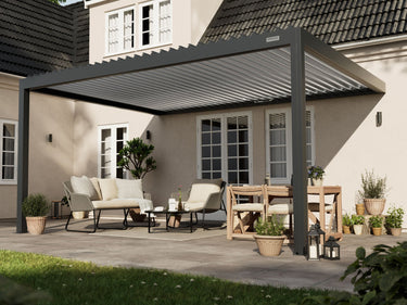 PERGOLUX Sundream S2 Pergola PERGOLUX Anthrazit Pergola mit weißem Lamellendach 4x5m Wandmontage